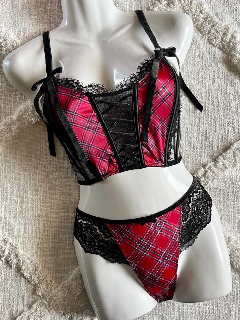 Red Plaid Lace-Trim Bustier & Panty Set - Women's Intimates
